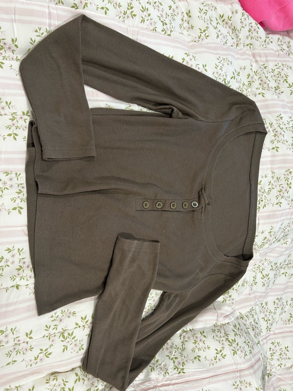 Women's Long Sleeve Ribbed Henley Top in Brown